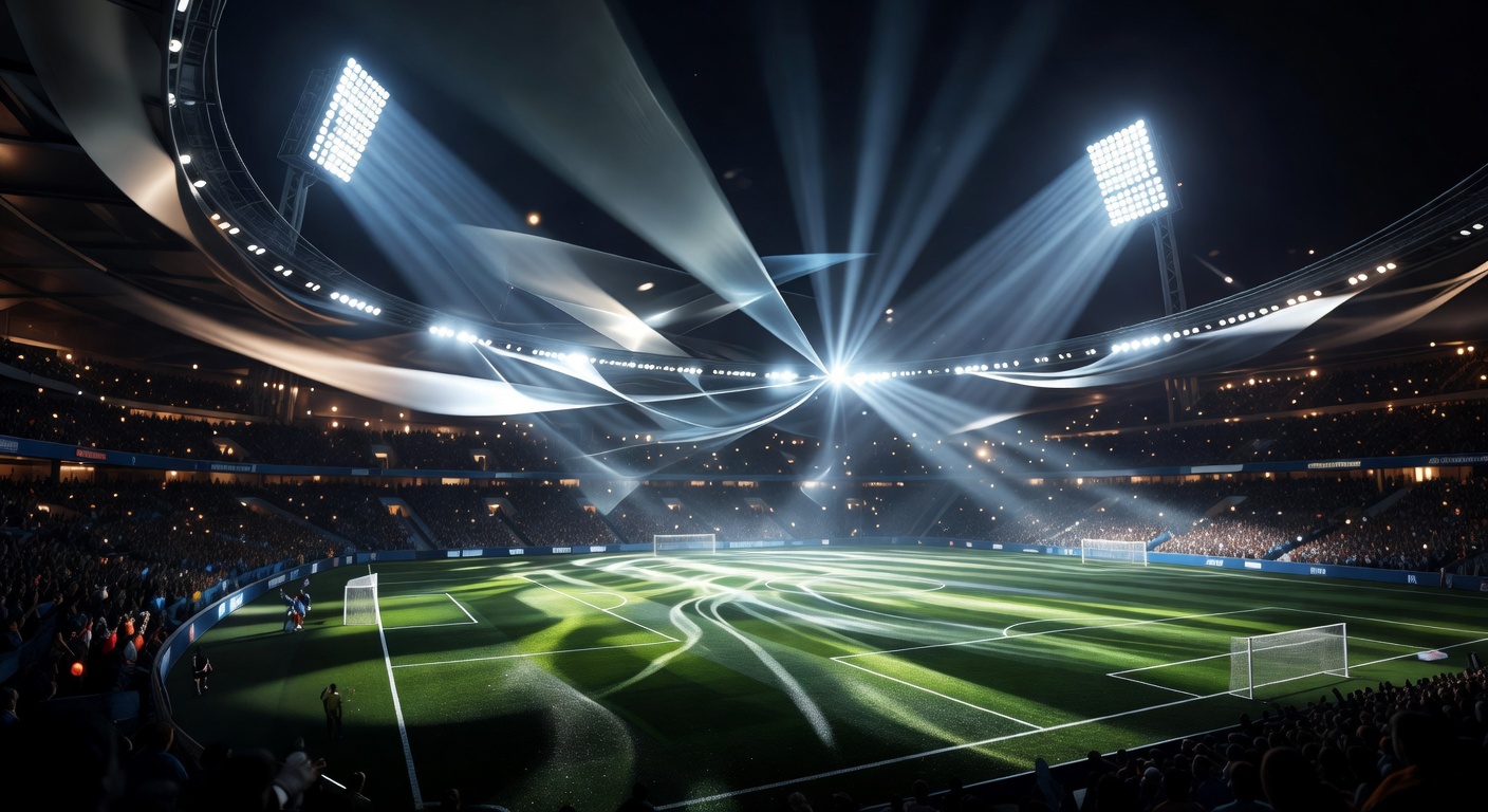 Valaistu jalkapallostadion yöllä abstraktissa näkymässä